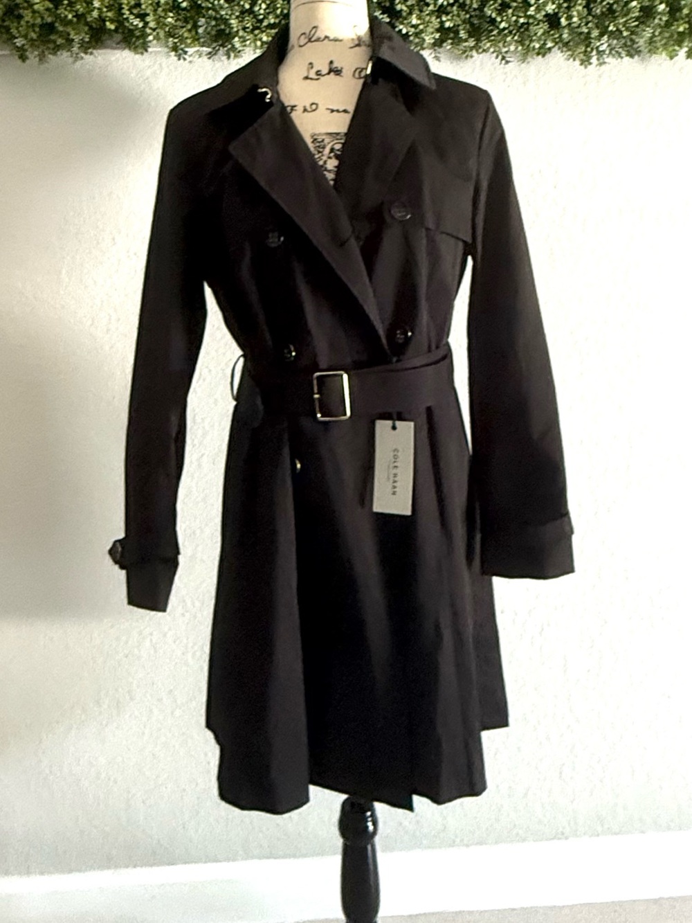 Cole Haan Women’s Black Belted Double Breasted Trench Coat M NWT
